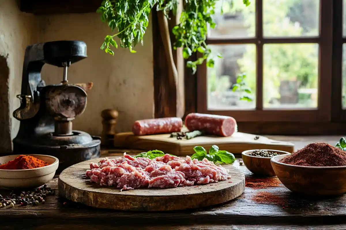 Ingredients for homemade beef sausage on a rustic kitchen countertop