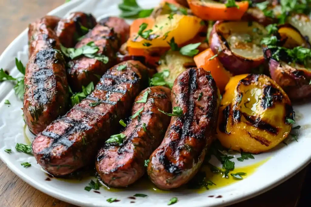 Grilled fennel sausage with roasted vegetables and herbs on a rustic table