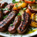 Grilled fennel sausage with roasted vegetables and herbs on a rustic table