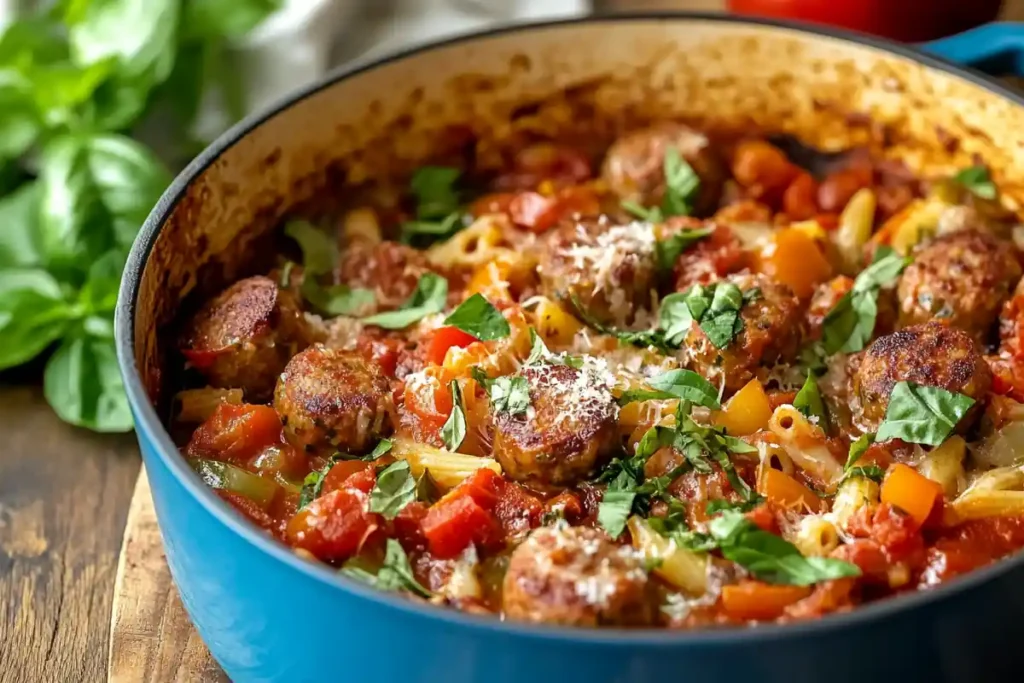 Spicy sausage pasta, a one-pot meal with tomatoes, bell peppers, and fresh basil