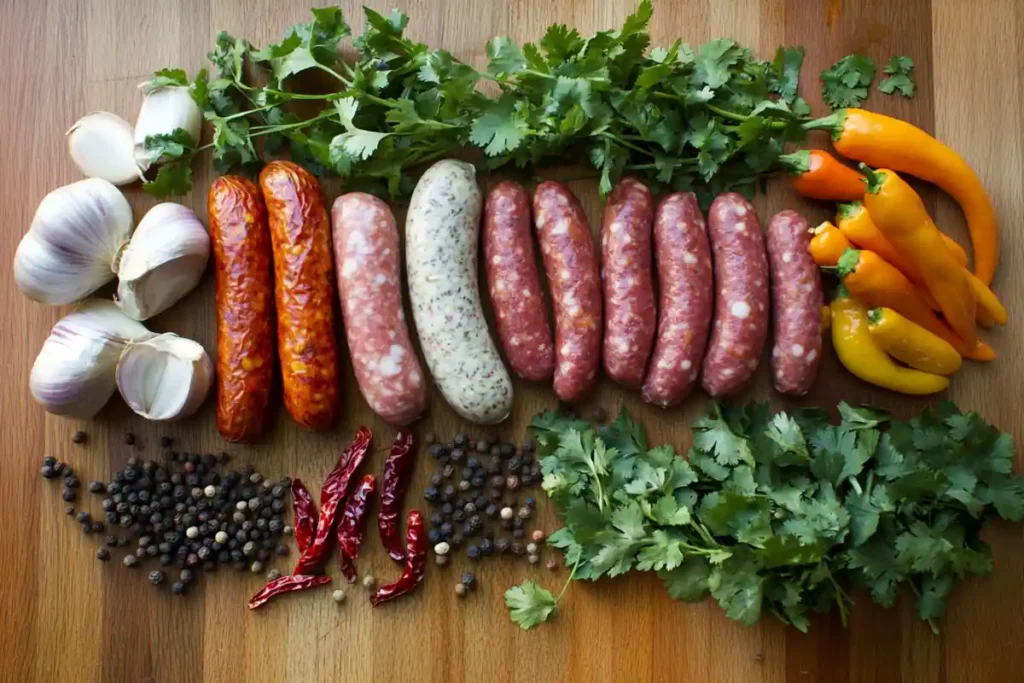 Various spicy sausages arranged on a wooden cutting board, including chorizo, andouille, and Italian sausage