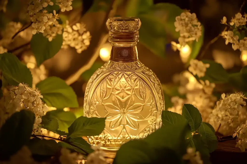 St-Germain elderflower liqueur bottle surrounded by blossoms and leaves