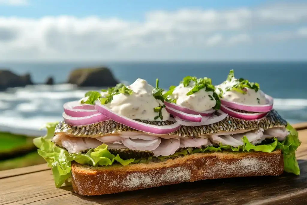 Traditional Matjesbrötchen with herring, onions, lettuce, and creamy sauce, set against a coastal backdrop