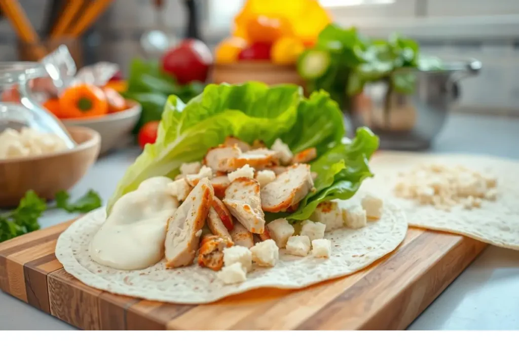 Ingredients for a Chicken Caesar wrap with lettuce, chicken, dressing, and croutons