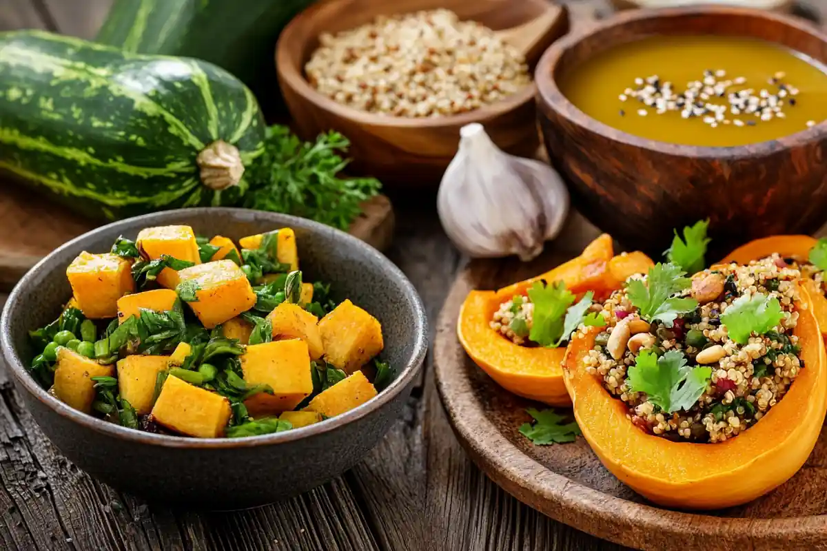 Various vegan dishes featuring kabocha squash