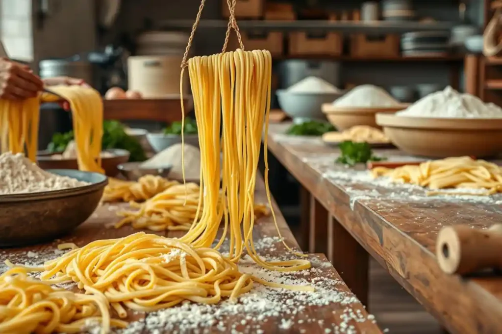 Skilled hands crafting fresh pasta with vibrant ingredients like flour, eggs, and herbs on a rustic wooden table in Minneapolis.