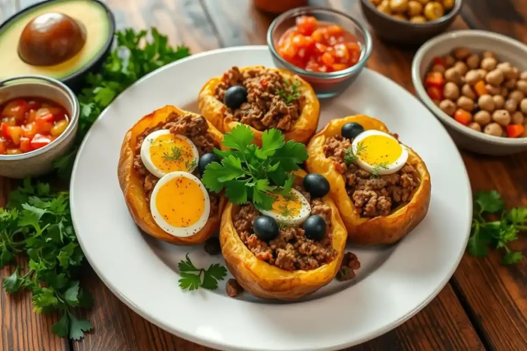 Crispy golden Papas Rellenas on a plate with fresh toppings.