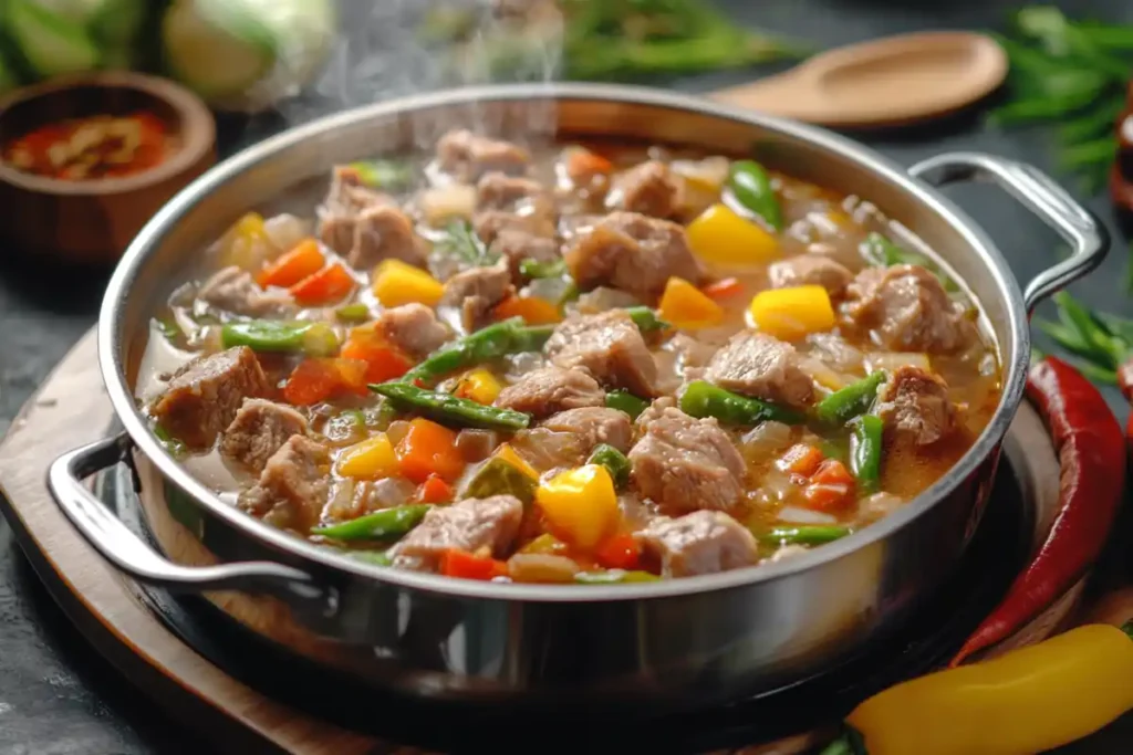 Steaming Bowl of Sinigang in a Rustic Kitchen