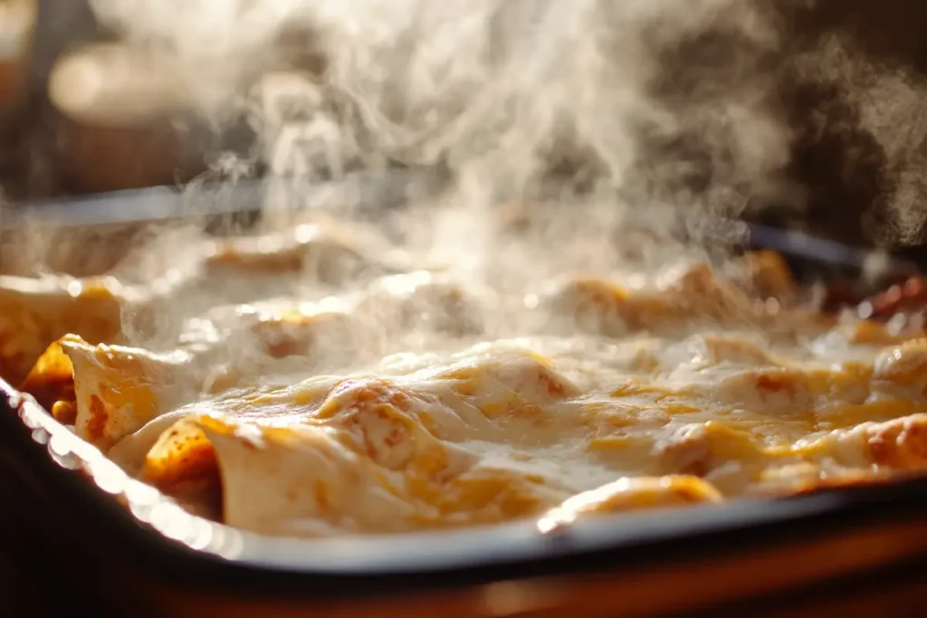 Enchiladas baking in a dish with melted cheese and sauce