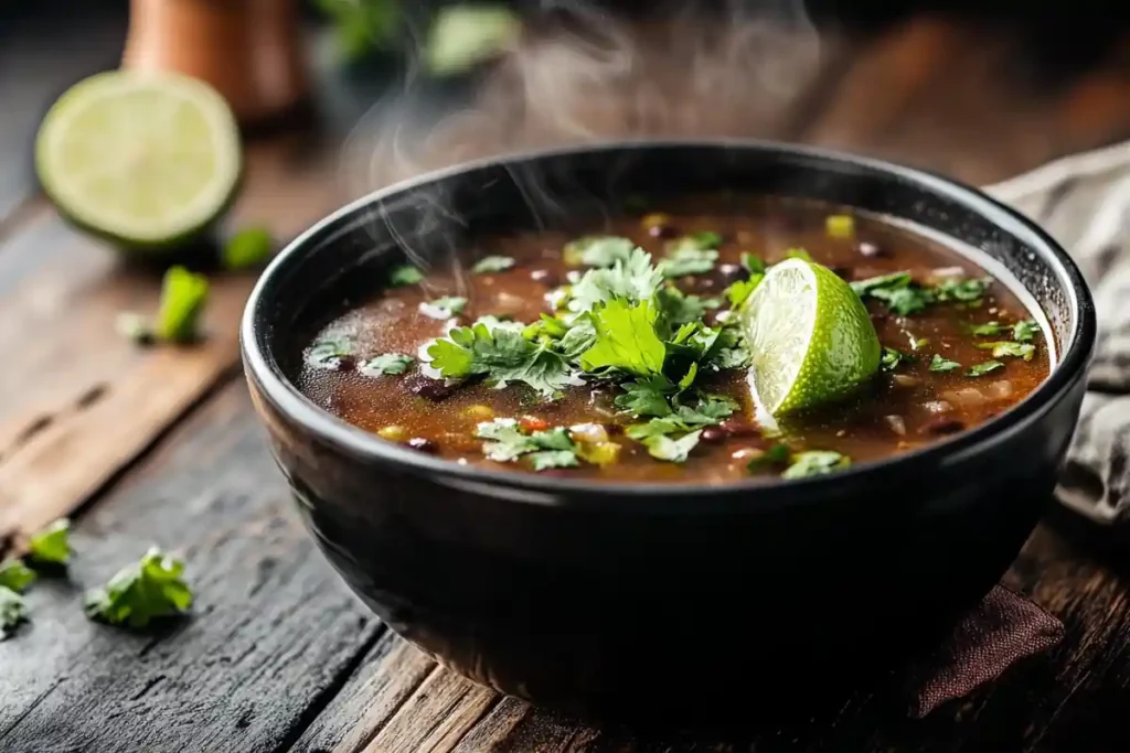  Ingredients for black bean soup on a wooden countertop with an open recipe book.