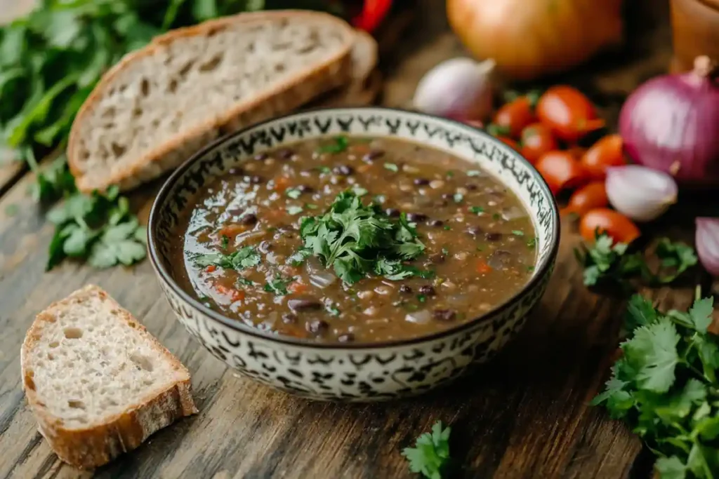 Bowl of black bean soup garnished with cilantro and lime on a rustic table.