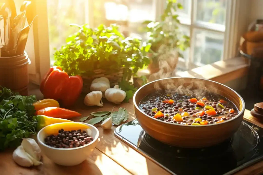 Bowl of soaking black beans with vibrant vegetables on a countertop.