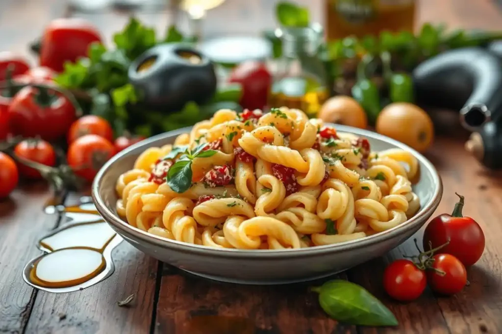 Cavatappi pasta garnished with parmesan and fresh herbs on a wooden table