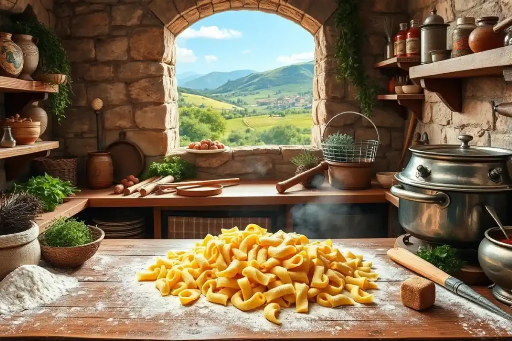 Fresh cavatappi pasta in a rustic Italian kitchen