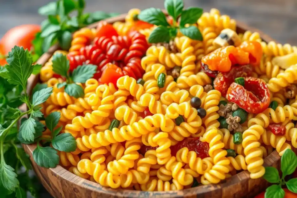 A side-by-side comparison of cavatappi and rotini pasta shapes.