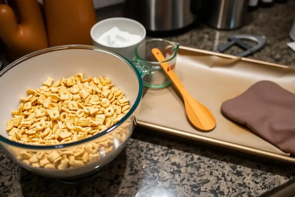 Chex Mix baking equipment, including bowl, pan, spatula, and measuring cups.