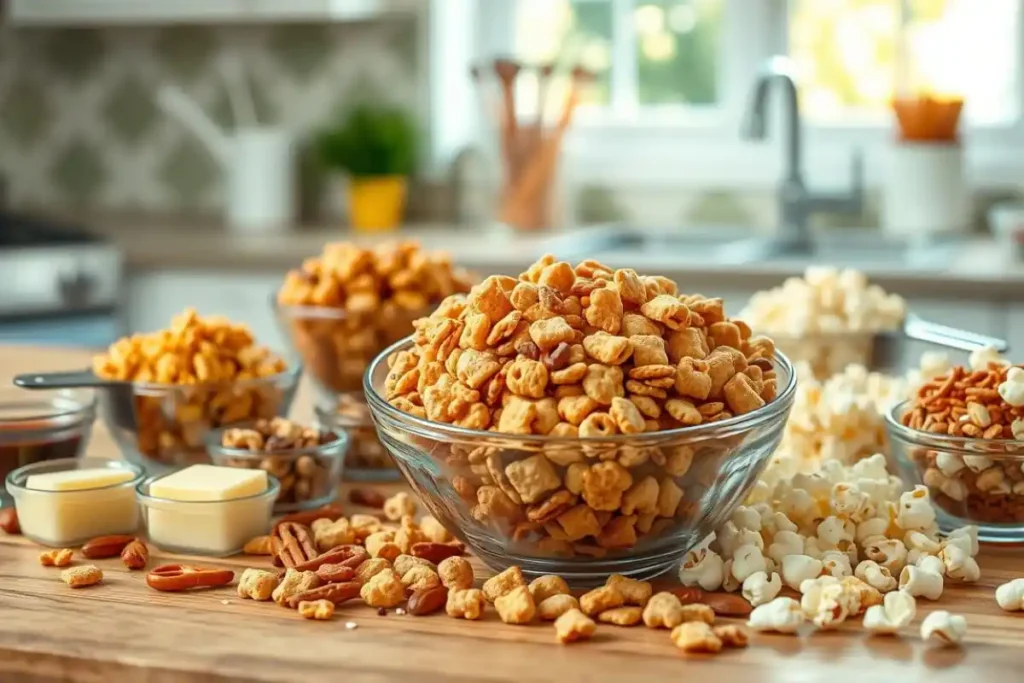  Chex Mix ingredients on a counter with measuring cups, ready for mixing.