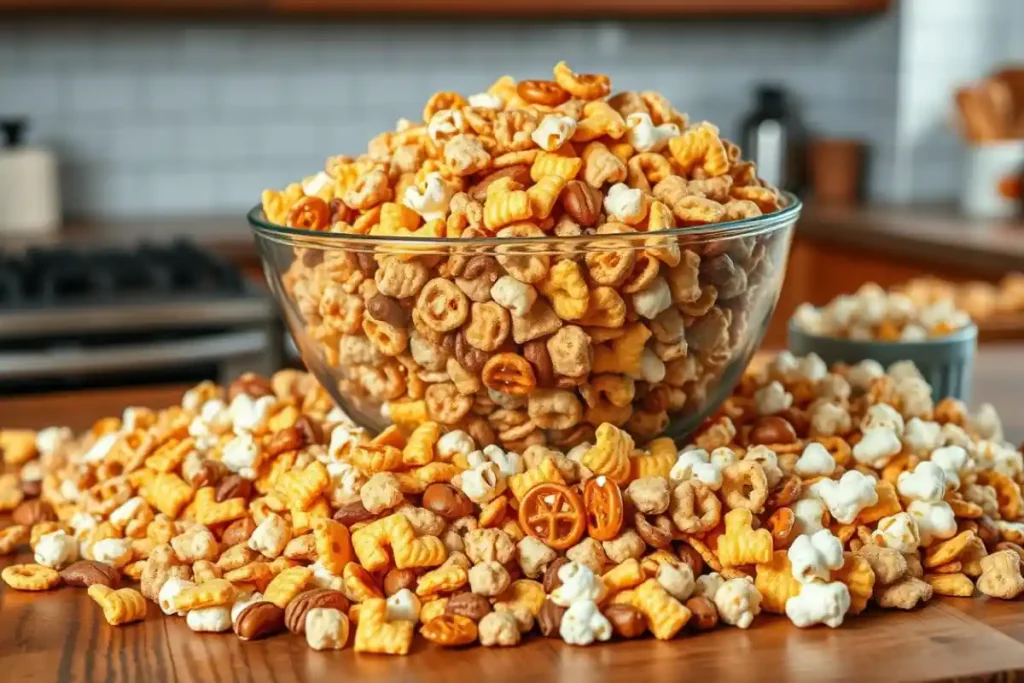 Lay-flat of Chex Mix ingredients, cereals, nuts, and pretzels on a table.