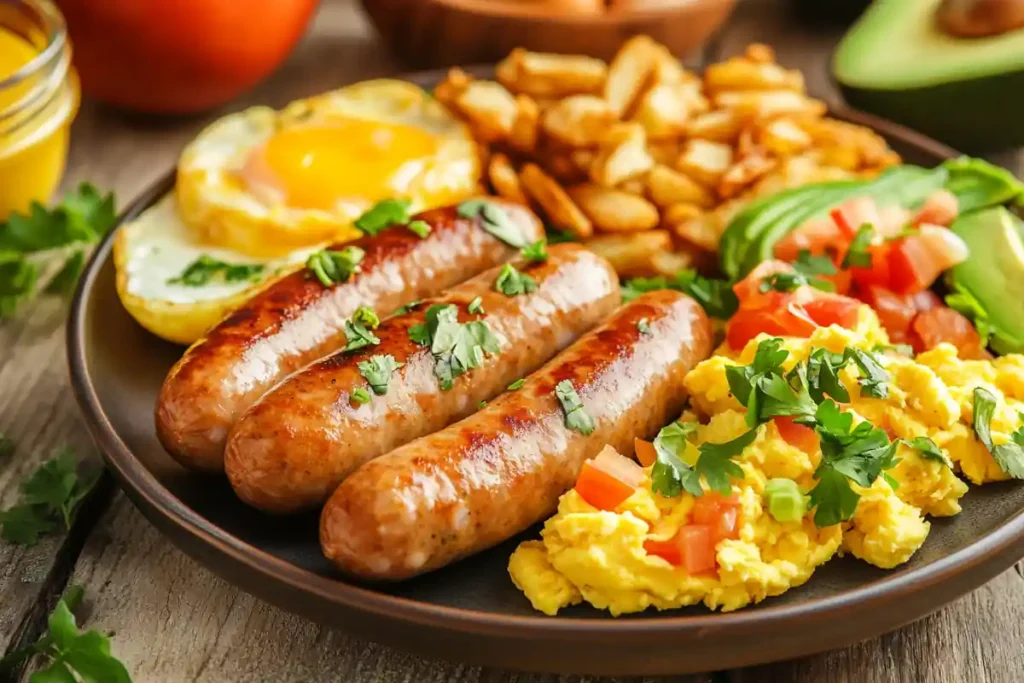 A vibrant breakfast platter with chicken sausage, eggs, hash browns, and avocado