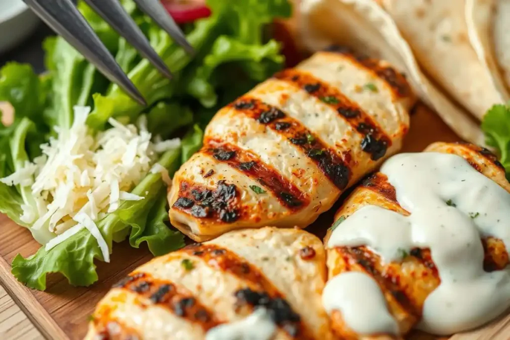 Grilled chicken breast, romaine lettuce, Parmesan, and Caesar dressing on a cutting board