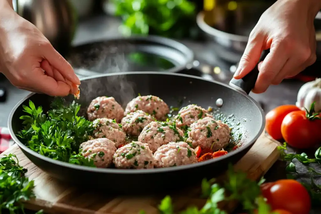 Preparing chicken sausage patties with hands, spices, and herbs.