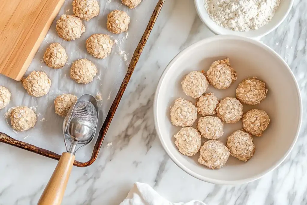 Chilled oatmeal cookie dough and dough balls ready for baking