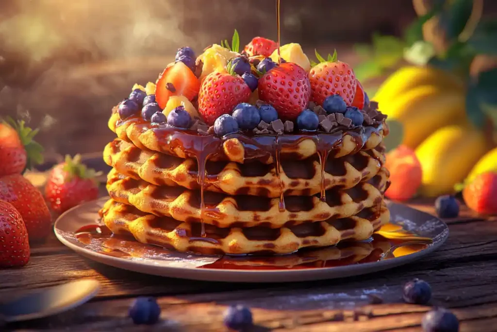 Belgian waffles with melting chocolate chips, maple syrup, and fresh fruit