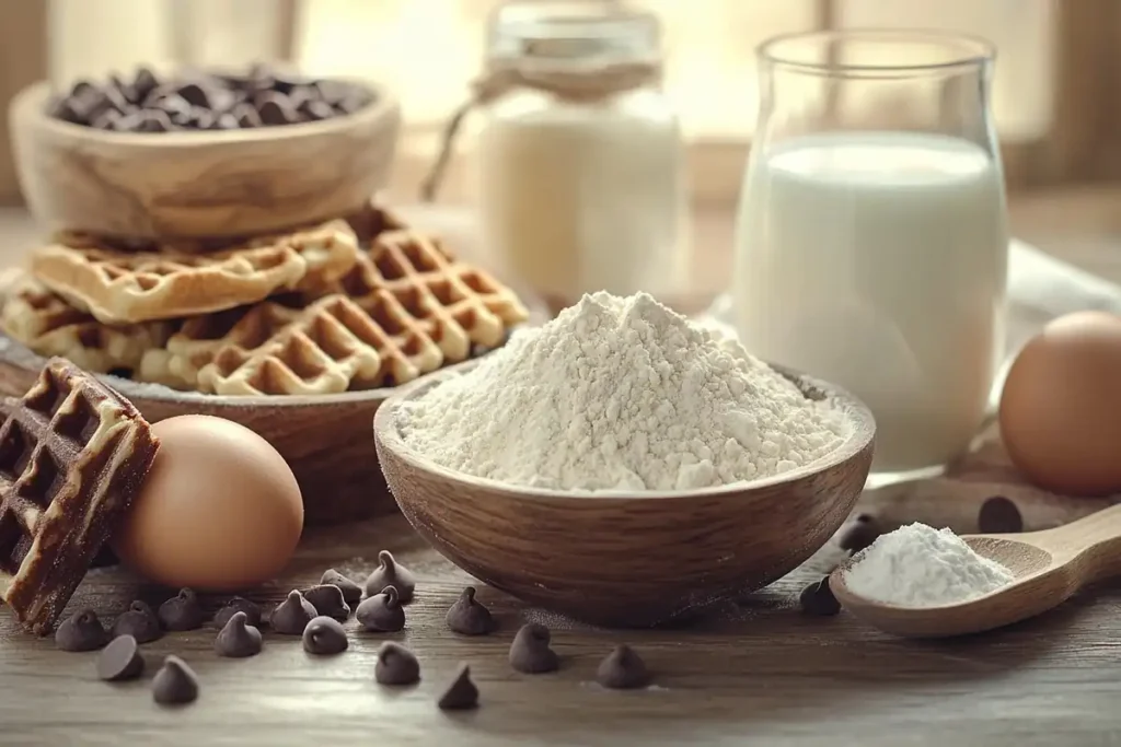 Ingredients for chocolate chip waffles: flour, milk, eggs, sugar, baking powder, melted butter, and chocolate chips.