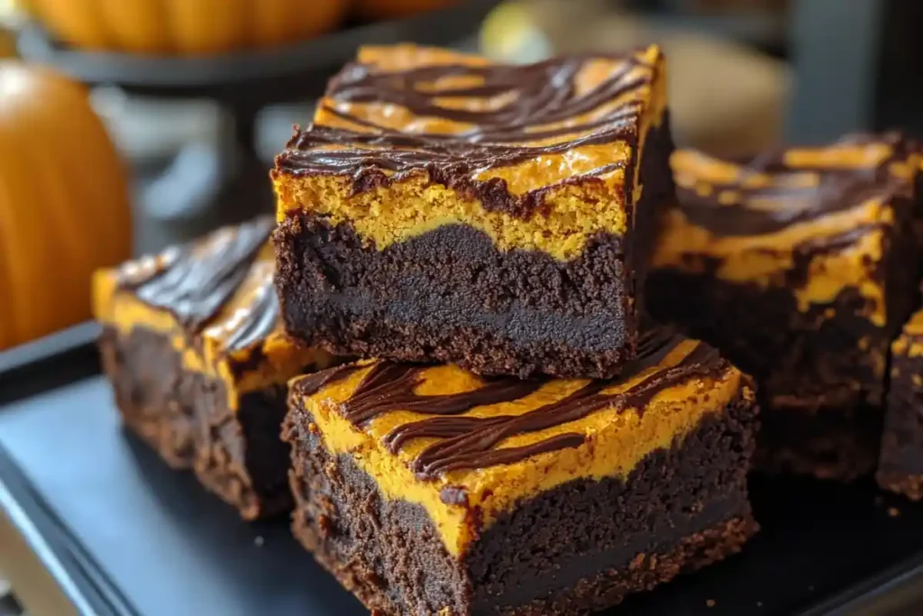 Rich chocolate pumpkin brownies in a baking pan with a fudgy texture.