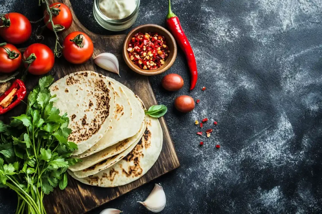 Corn and flour tortillas with fresh enchilada ingredients.