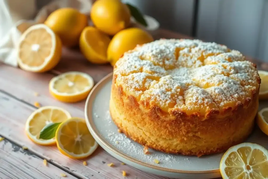 Lemon cream cheese dump cake with lemon and powdered sugar on table.