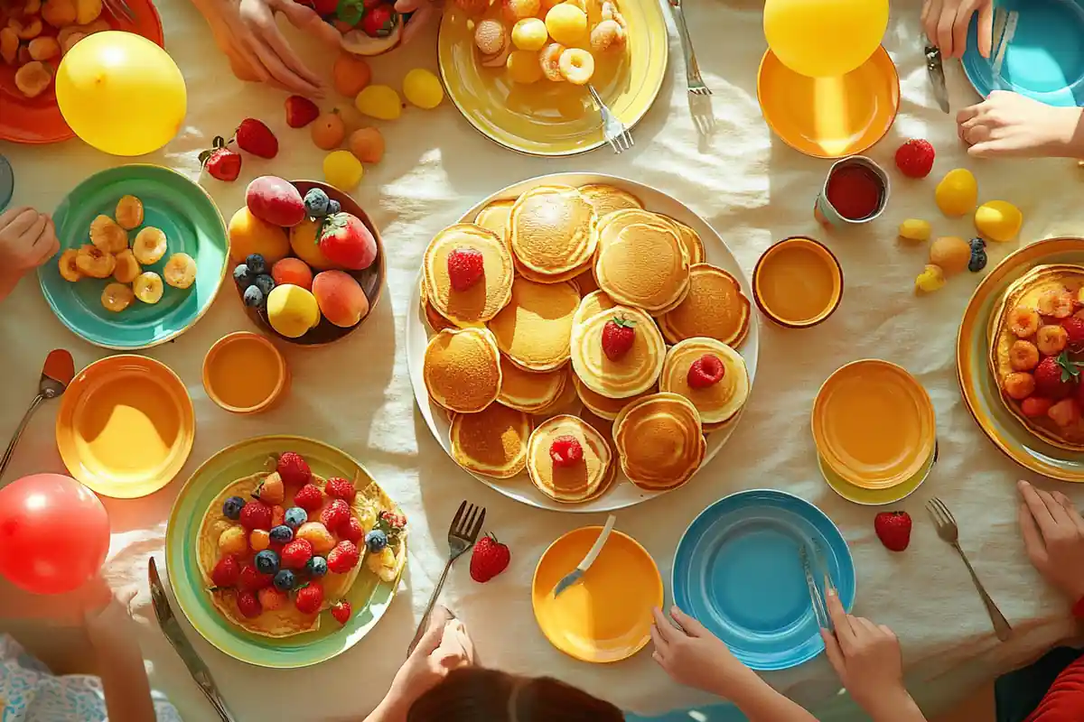 Vibrant community gathering with a large table filled with pancakes and toppings