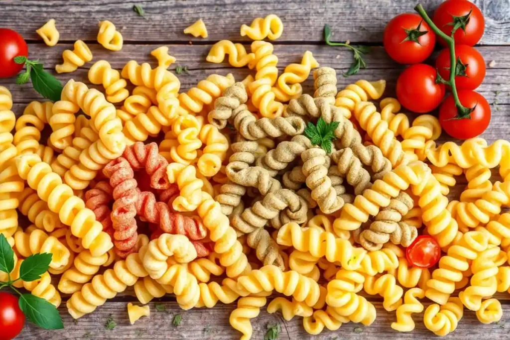 Close-up of colorful fusilli and rotini pasta in wooden bowls.