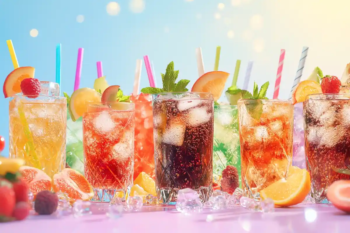 A colorful display of various dirty sodas with fresh fruit and colorful straws