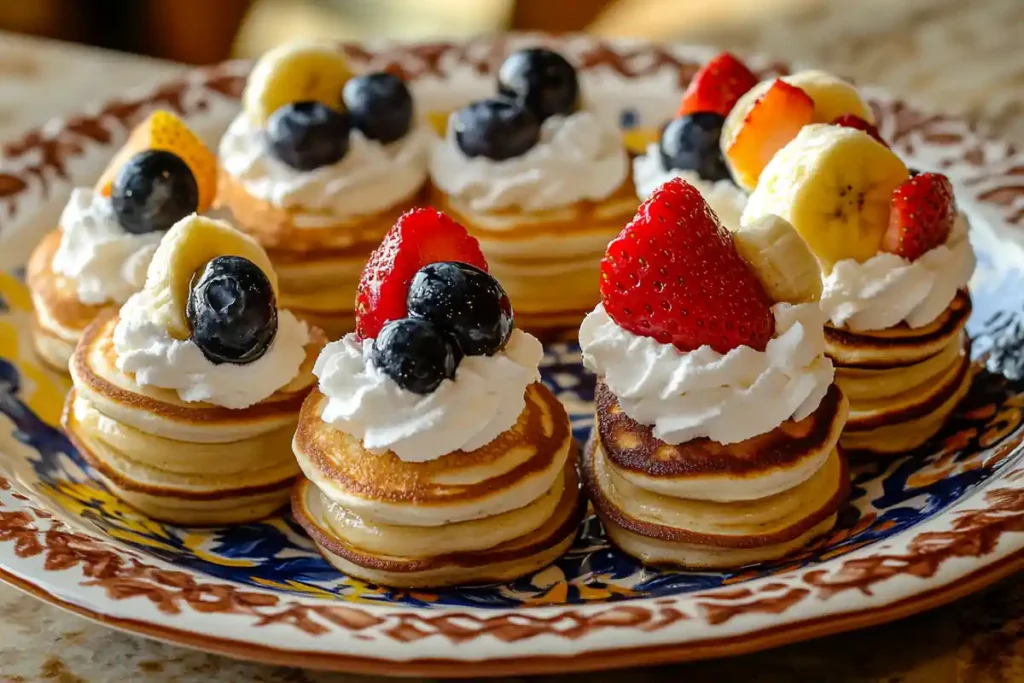 Variety of mini pancakes with different colorful fruit toppings.