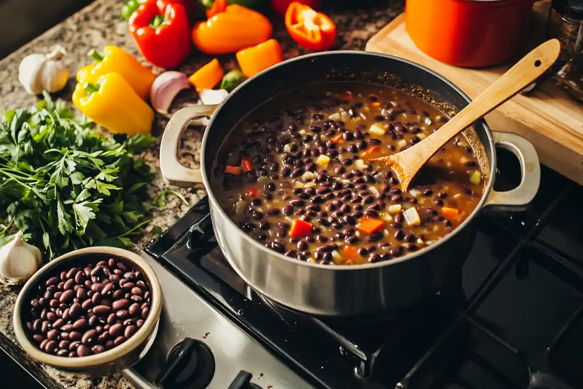 Black bean soup preparation in a busy kitchen.