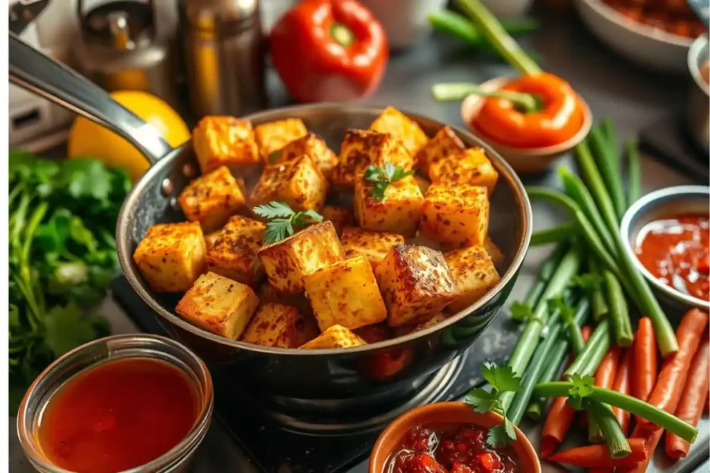  Preparation of crispy tauhu goreng in a vibrant kitchen setting.