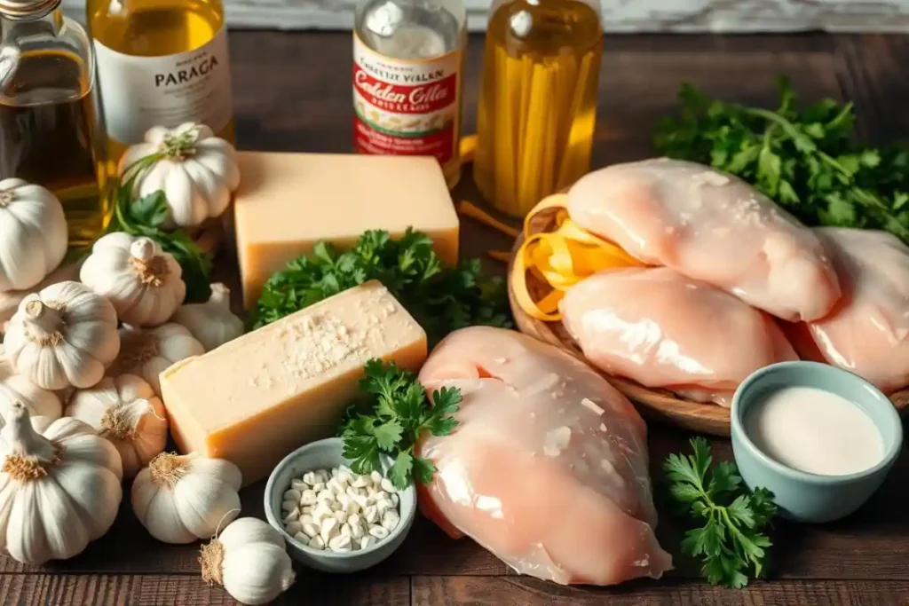 Cooking garlic parmesan chicken pasta with sautéed chicken and creamy sauce on the stove.