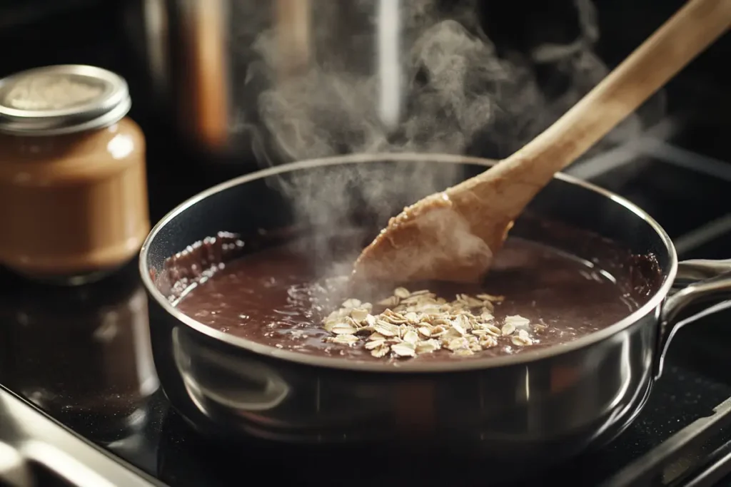 Cooking mixture for no bake oatmeal cookies on the stovetop