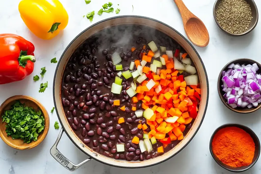 A pot of purple black bean soup cooking with fresh vegetables and spices.