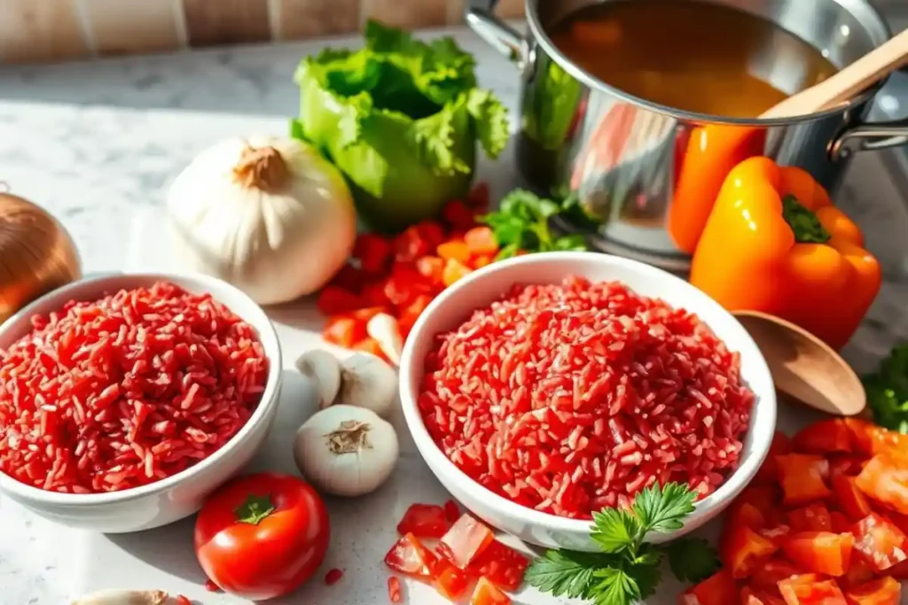 Red rice cooking in a pot with a wooden spoon stirring the bubbling mixture