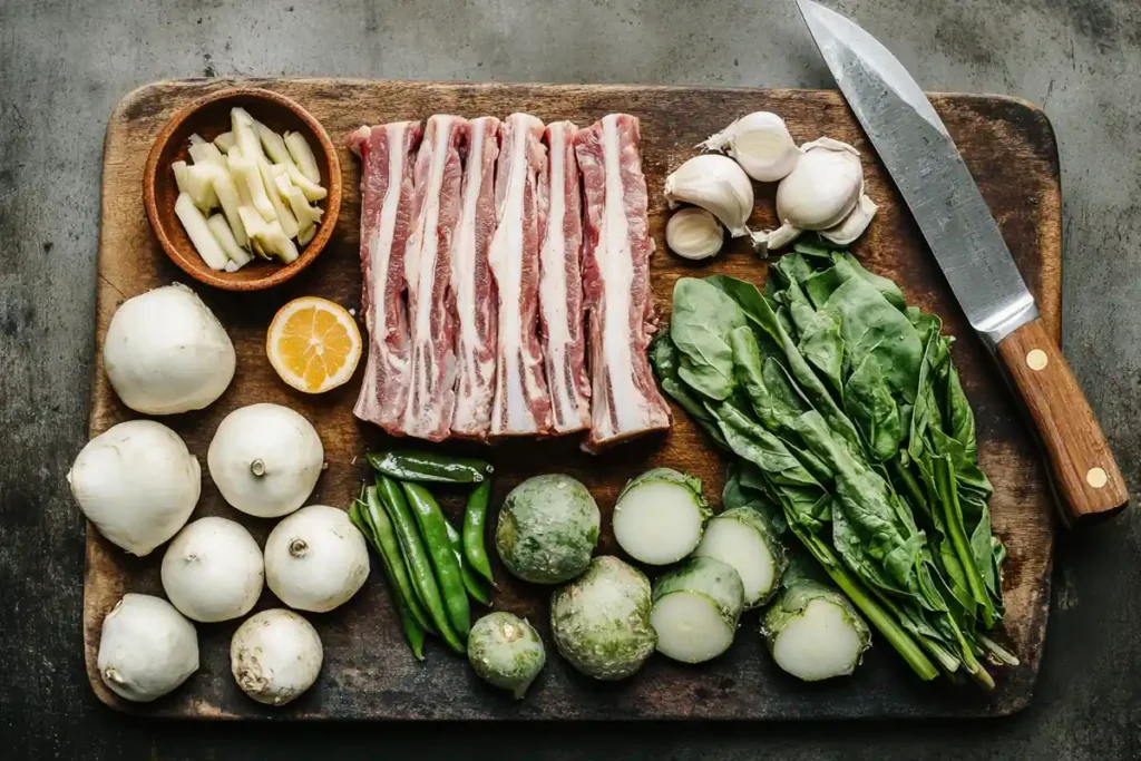 Fresh sinigang ingredients arranged on a wooden board