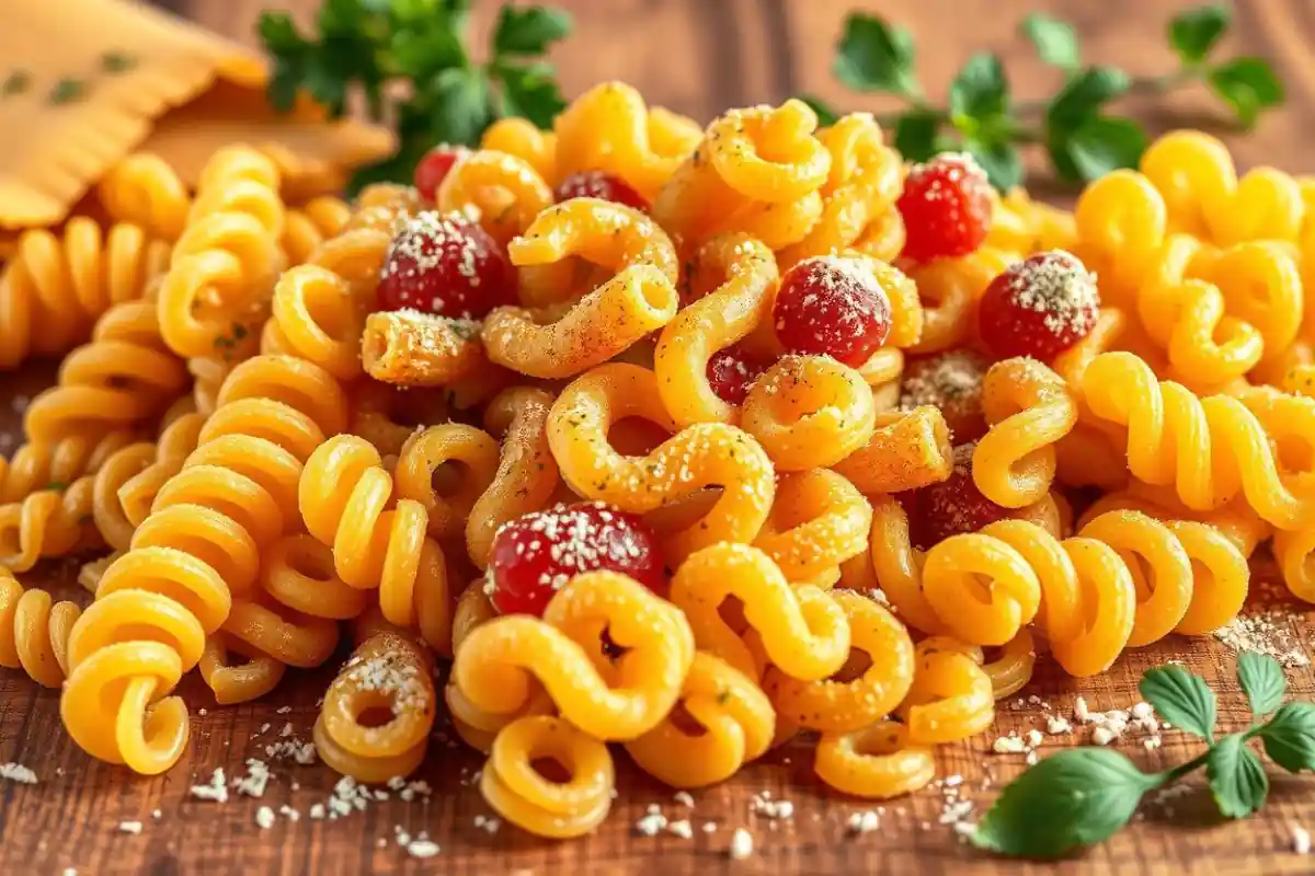 Corkscrew pasta varieties, including rotini and cavatappi, arranged on a wooden surface