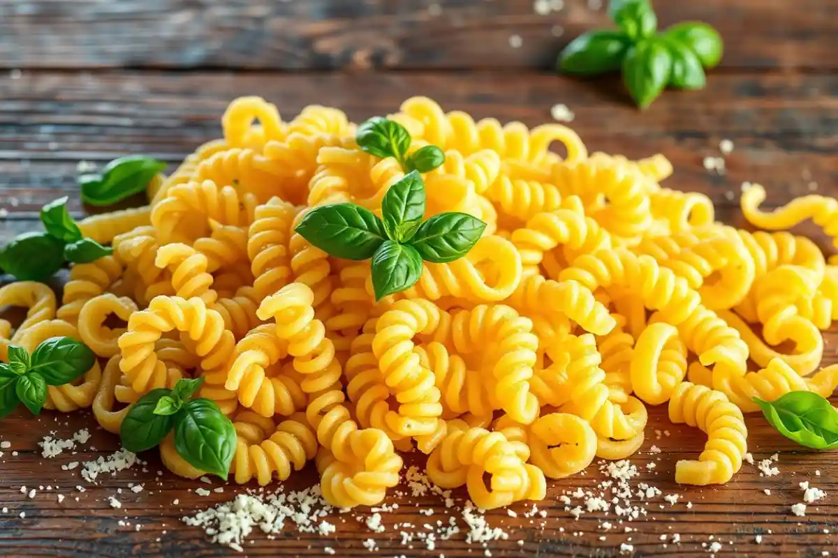 An artistic display of corkscrew pasta varieties on a wooden table.