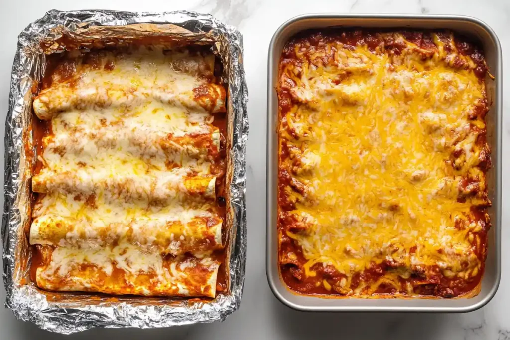 Comparison of covered vs. uncovered baked enchiladas.