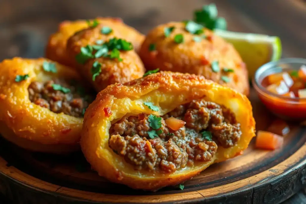 Close up image of a golden and crispy papas rellena.