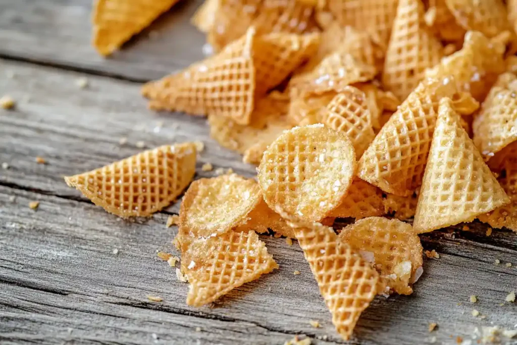 Crispy waffle cone chips scattered on a rustic wooden surface