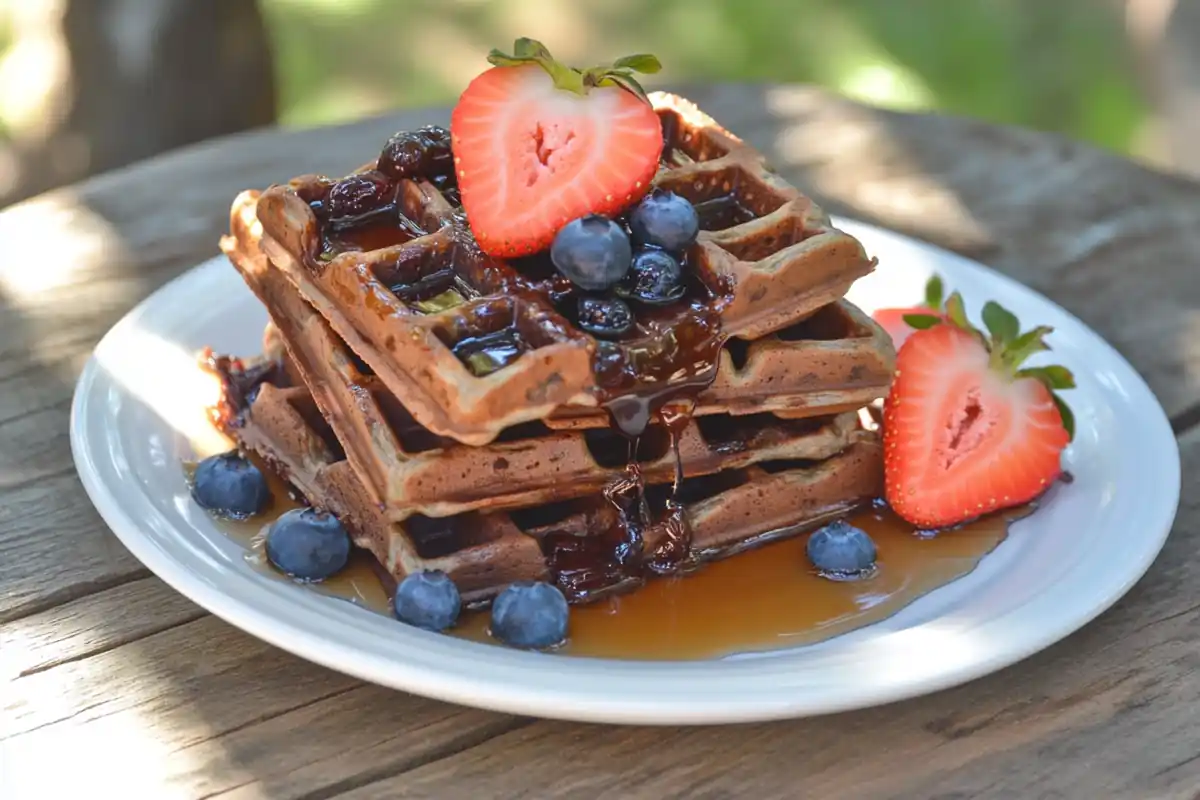 Stack of chocolate chip waffles with maple syrup, strawberries, and blueberries