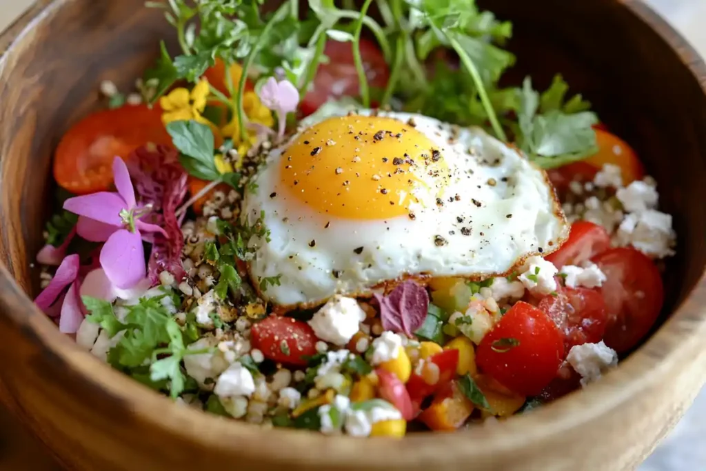 A colorful egg bowl with scrambled eggs, fresh vegetables, and herbs