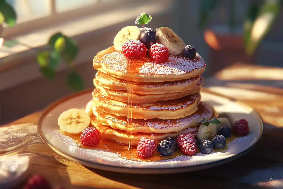 Stack of French toast pancakes topped with berries and maple syrup on a cozy breakfast table